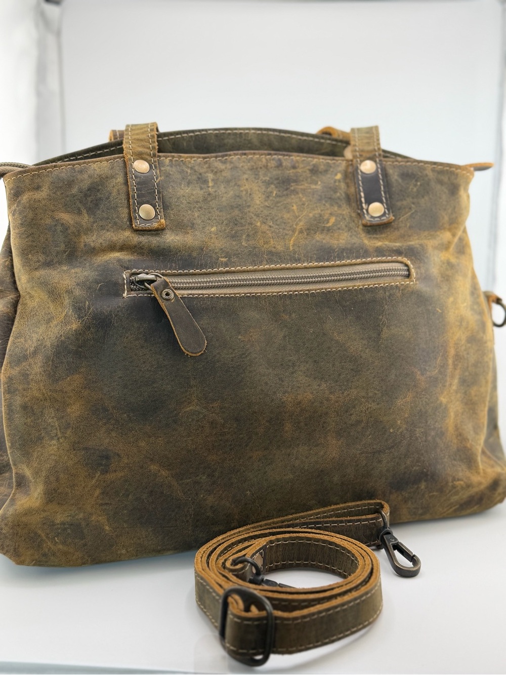 Myra Bag Brown Vintage Leather Tote Bag with Removable Strap - Picture 11 of 16